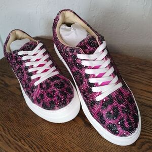 Betsy Johnson Sidny Pink And Black Rhinestone Leopard Sneaker Shoes